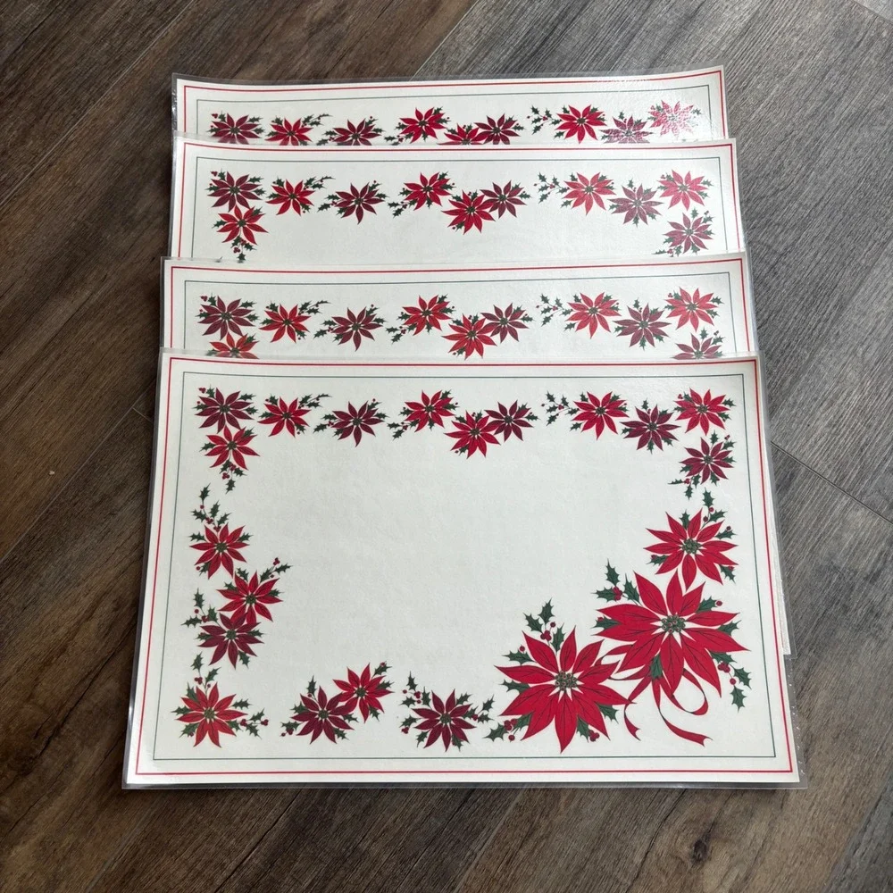 Americana Christmas Reversible Placemats‎ Set of 4 Winter Landscape Poinsettia